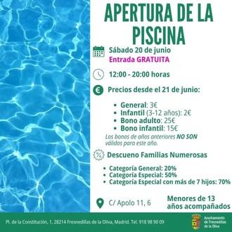 Apertura gratuita de la piscina el 20 de junio con nuevos precios para el verano