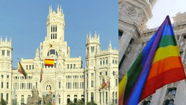Almeida contenta a Vox: La bandera española en el centro de Cibeles y la LGTBI al lateral