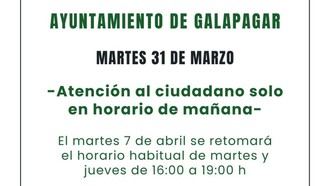 Modificaciones en horarios de atención al público por Semana Santa en Galapagar