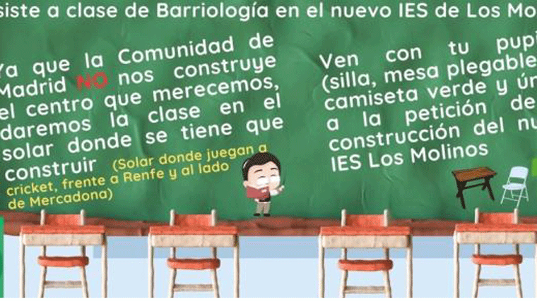 Cartel de la acción de protesta de las familias de Getafe para reclamar la construcción del IES Los Molinos- PLATAFORMA IES LOS MOLINOS GETAFE YA