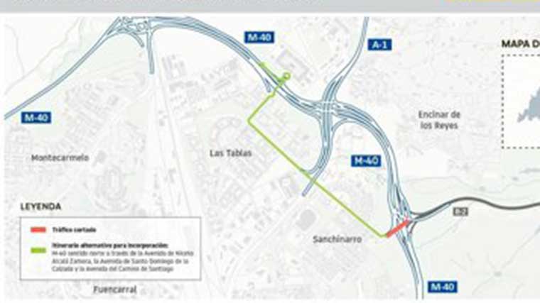 Cortes de tráfico en la M-40 a su paso por Sanchinarro desde las 11:00 horas del sábado a las 13:00 horas del lunes