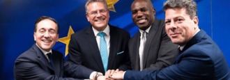 El ministro de Asuntos Exteriores, José Manuel Albares, celebra el acuerdo sobre Gibraltar con el comisario Maros Sefcovic, el ministro británico David Lammy y el ministro principal gibraltareño Fabian Picardo