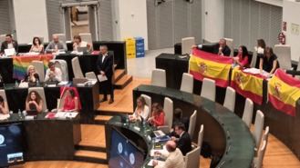 Guerra de banderas en el Pleno de Cibeles: El PSOE despliega la arcoiris y Vox contesta con tres enseñas españolas