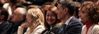 Pedro Sánchez junto a sus ministros durante el primer acto por el 50 aniversario de la muerte de Franco