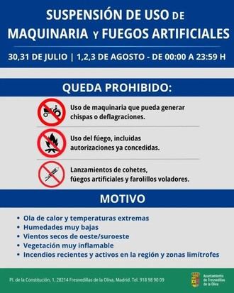 Prohibición de uso de maquinaria y fuegos artificiales por riesgo de incendios