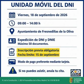 Renovación de DNI: Unidad Móvil en Fresnedillas el 18 de septiembre
